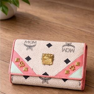 MCM Pink and Mint Logo-Print Leather Wallet with Gold Hardware